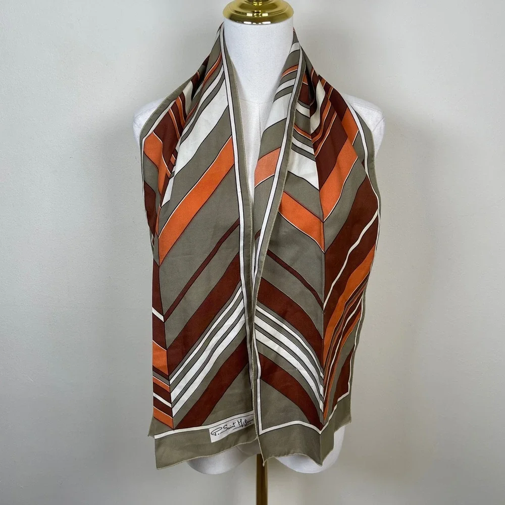 Vintage P. Saint Hilaire Paris Scarf Women Brown Orange Chevron Striped 70s Mod